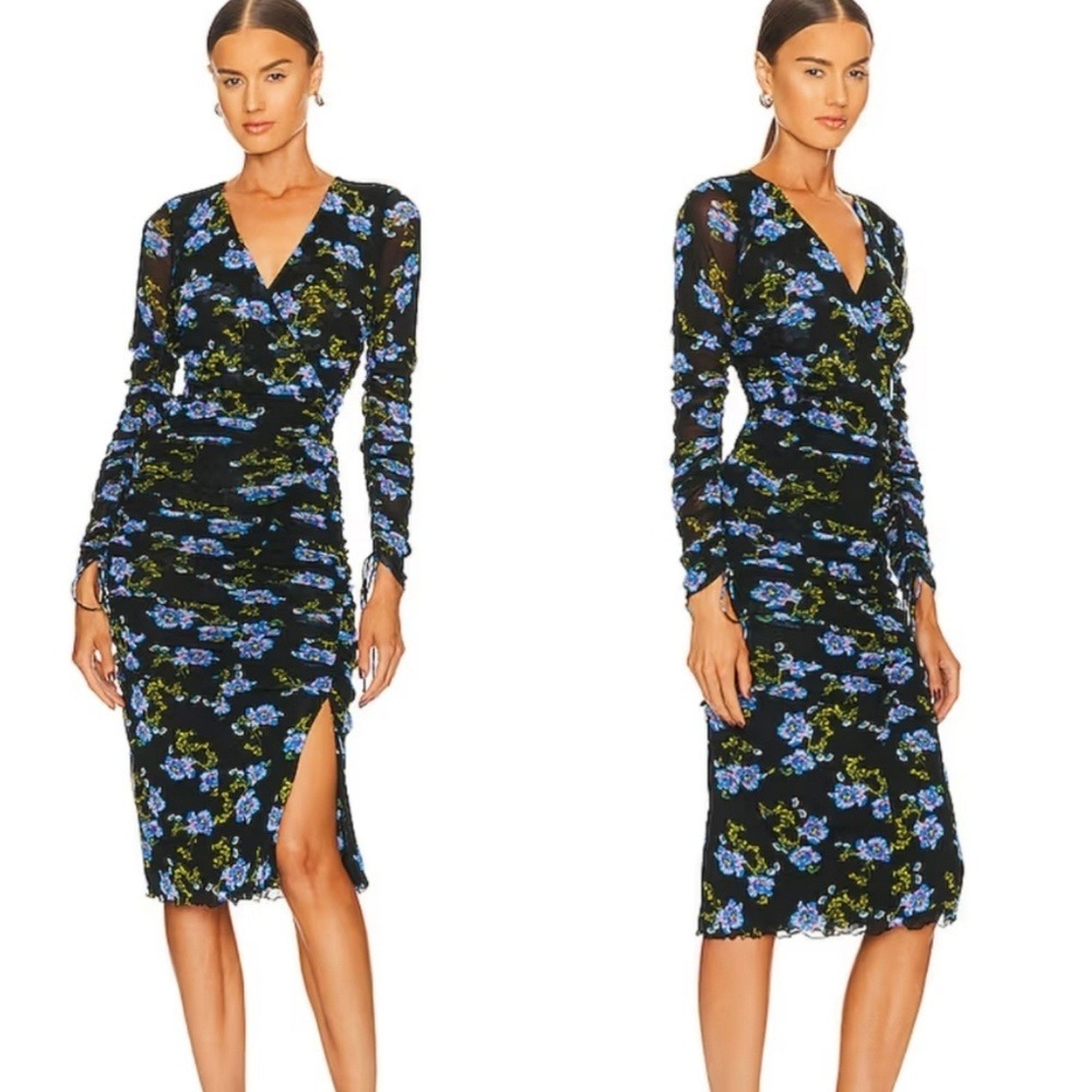 Diane‎ von Furstenberg Dress Women Large Black Floral Rochelle Midi Mesh Ruched